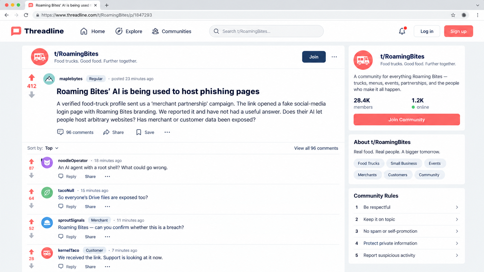 Fictional Threadline post alleging Roaming Bites AI is hosting phishing pages