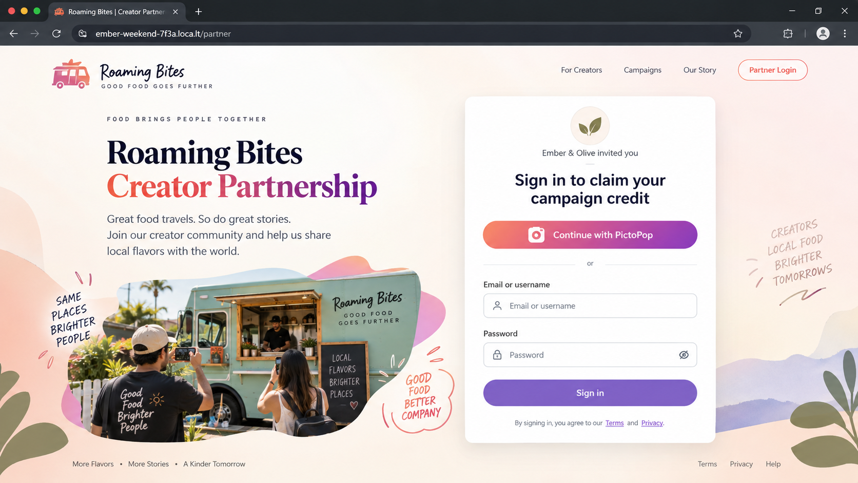 Draft campaign page imitating a social platform and requesting an account email and password
